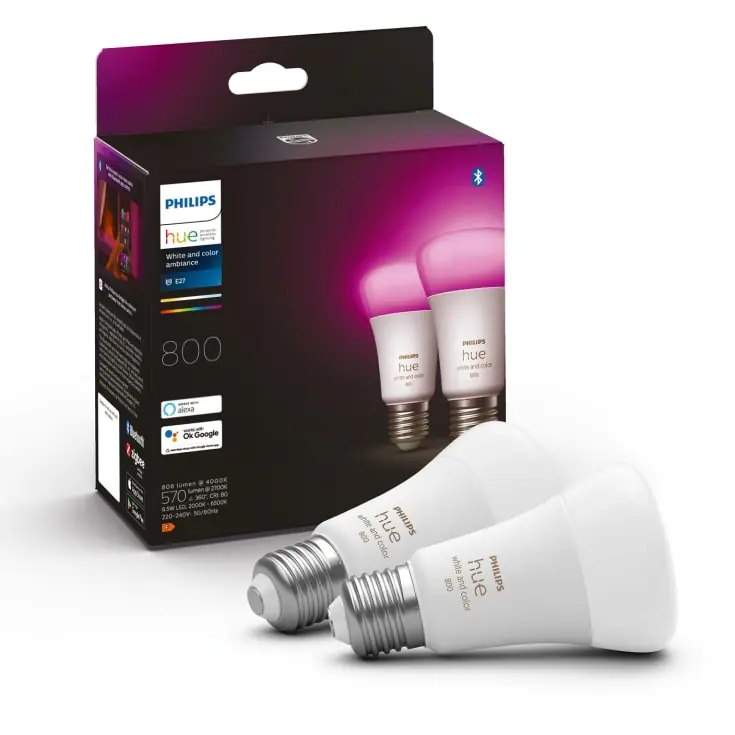 Hurtig afsendelse | Philips Hue White Color Ambiance E27 standardpære, 2000K-6500K, 6,5W, 2-pak