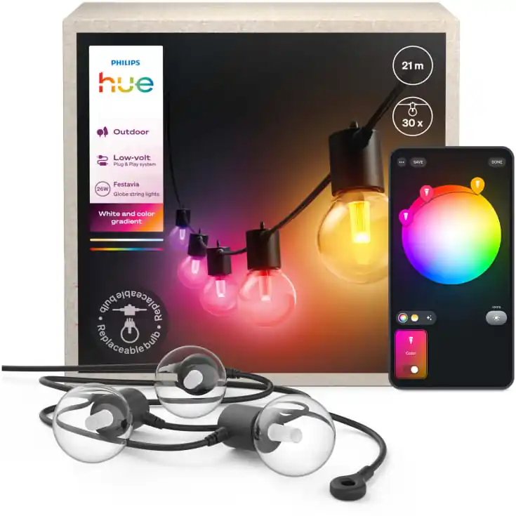 Hurtig levering | Philips Hue Festavia Globe udendørs lyskæde, 30 lys, 21 meter