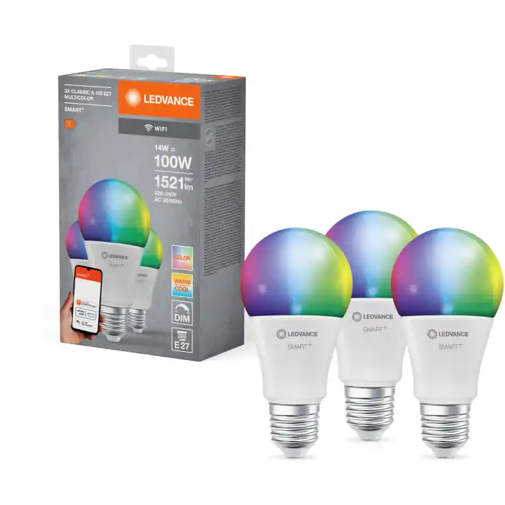 3 stk Ledvance Smart+ Wifi E27 standardpære, 2700K-6500K, 14W, 3-pak - Klar til afsendelse