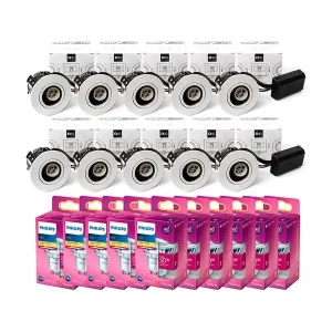 10 x HiluX D10 Indendørs Spot - Hvid inkl. 10 x Philips GU10 - 2700K - 355lm - Premium kvalitet