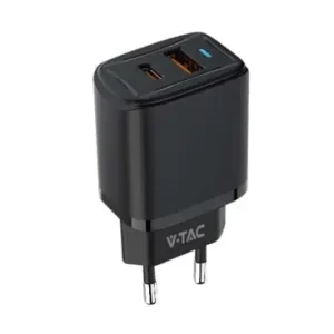 20W USB rejseadapter med PD og QCSort, hurtiglader, 1x USB-A og 1x USB-C PD - Direkte fra fabrikken