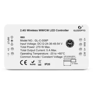 Gledopto Zigbee controllerPhilips Hue kompatibel, Zigbee 3.0, enkeltfarvet og CCT, 12V (60W), 24V (120W) - Kun denne uge